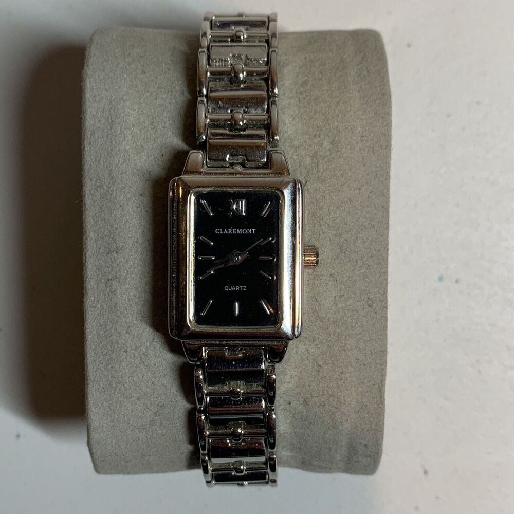 Claremont Watch Womens Silver Tone Rectangle Black Dial